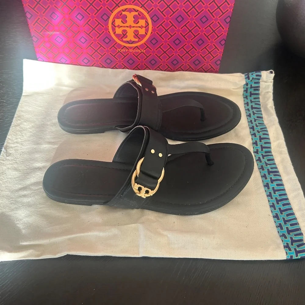 Nearly New Tory Burch Black Marsden Calf Leather Thong Sandals Size 8